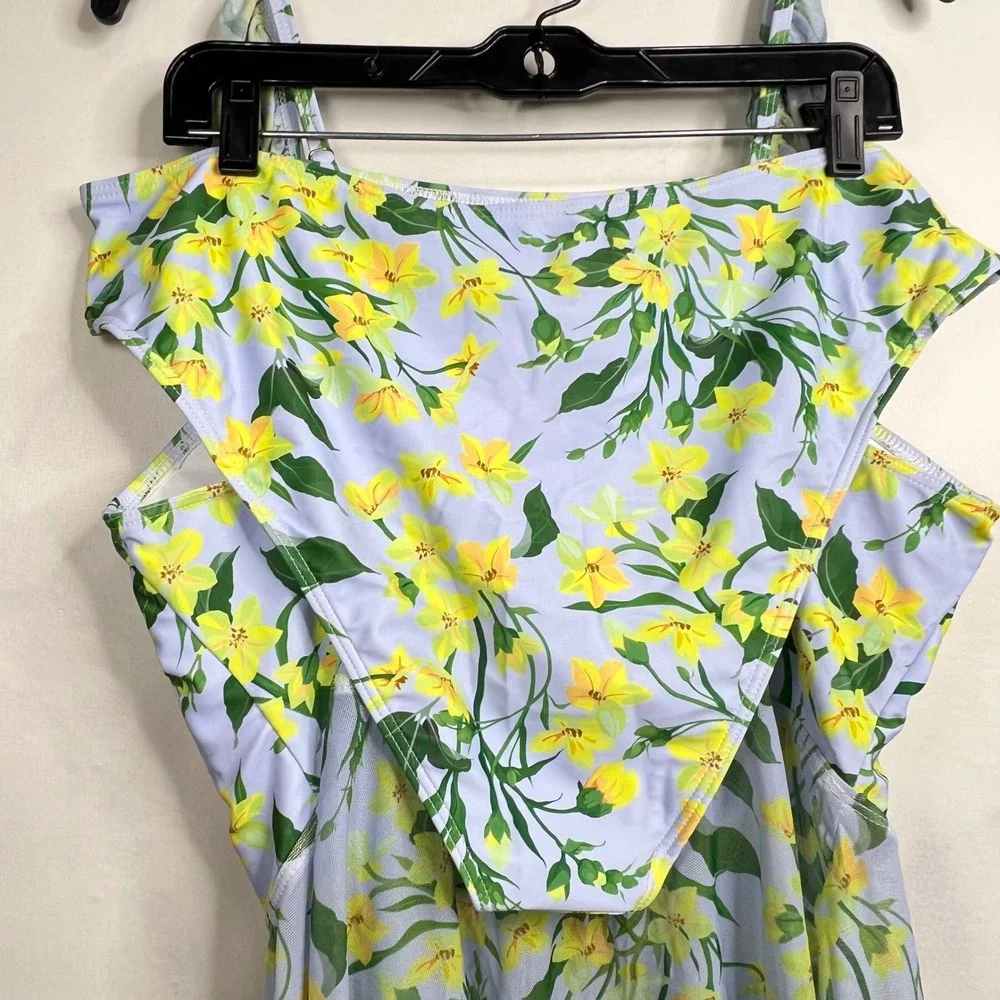 2-Piece Blue Floral Swim Dress Womens 3XL Ruched Mesh Tropical Beach Vacation